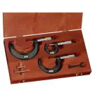 Starrett S436.1AXRLZ Outside Micrometer Set includes 3 micrometers, range 0-3", 1", 2", and 3" micrometers, two standards, adjusting wrench, in case.