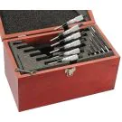 Starrett ST436EXRLZ Outside Micrometer Set includes 12 micrometers, 11 standards, adjusting wrench, in case. .0001" Grad, Carbide Faces, Ratchet Stop, Lock Nut measurements.