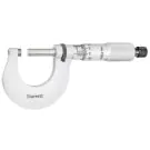 Starrett V230MXRL Outside Micrometer features 0-25mm range, ratchet stop, lock nut, and carbide face. 0-25mm Range, 0.001mm Grad, Carbide Faces, Ratchet Stop, Lock Nut.