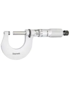 Starrett V230MXRL Outside Micrometer features 0-25mm range, ratchet stop, lock nut, and carbide face. 0-25mm Range, 0.001mm Grad, Carbide Faces, Ratchet Stop, Lock Nut.